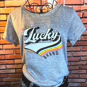 👚 Lucky Brand Knit Sweater Tee with Graphic Retro Lucky Print - Gray - Sz M / E
